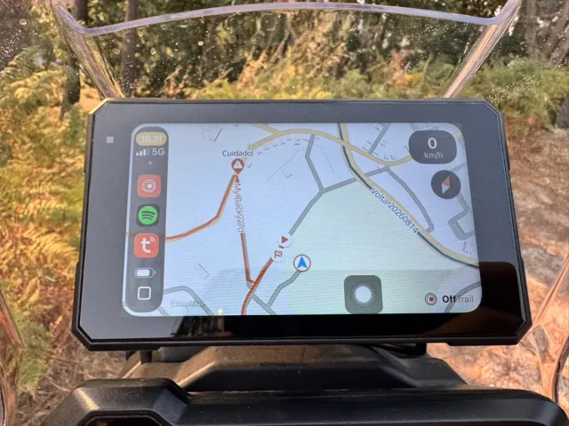 EKIY 5-inch CarPlay display running OffTrail on a motorcycle