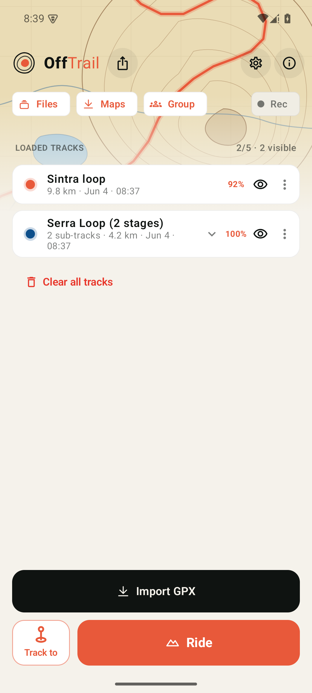 OffTrail Home screen