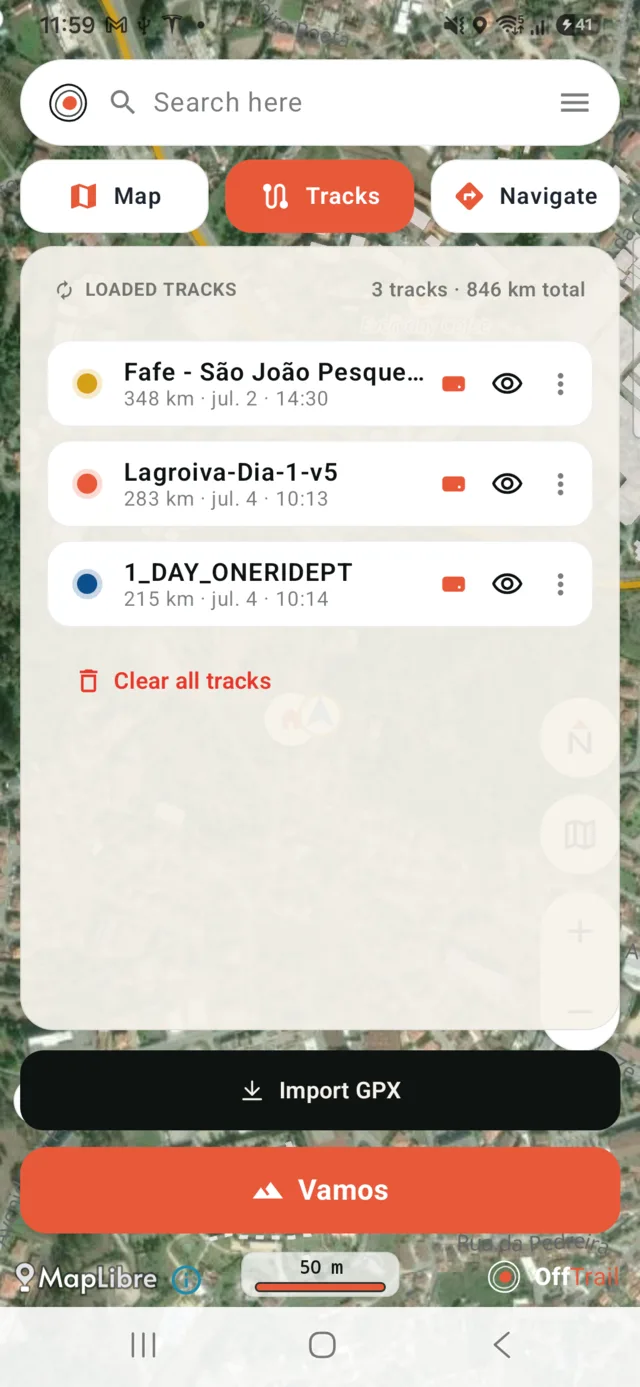 OffTrail Explore map with loaded tracks