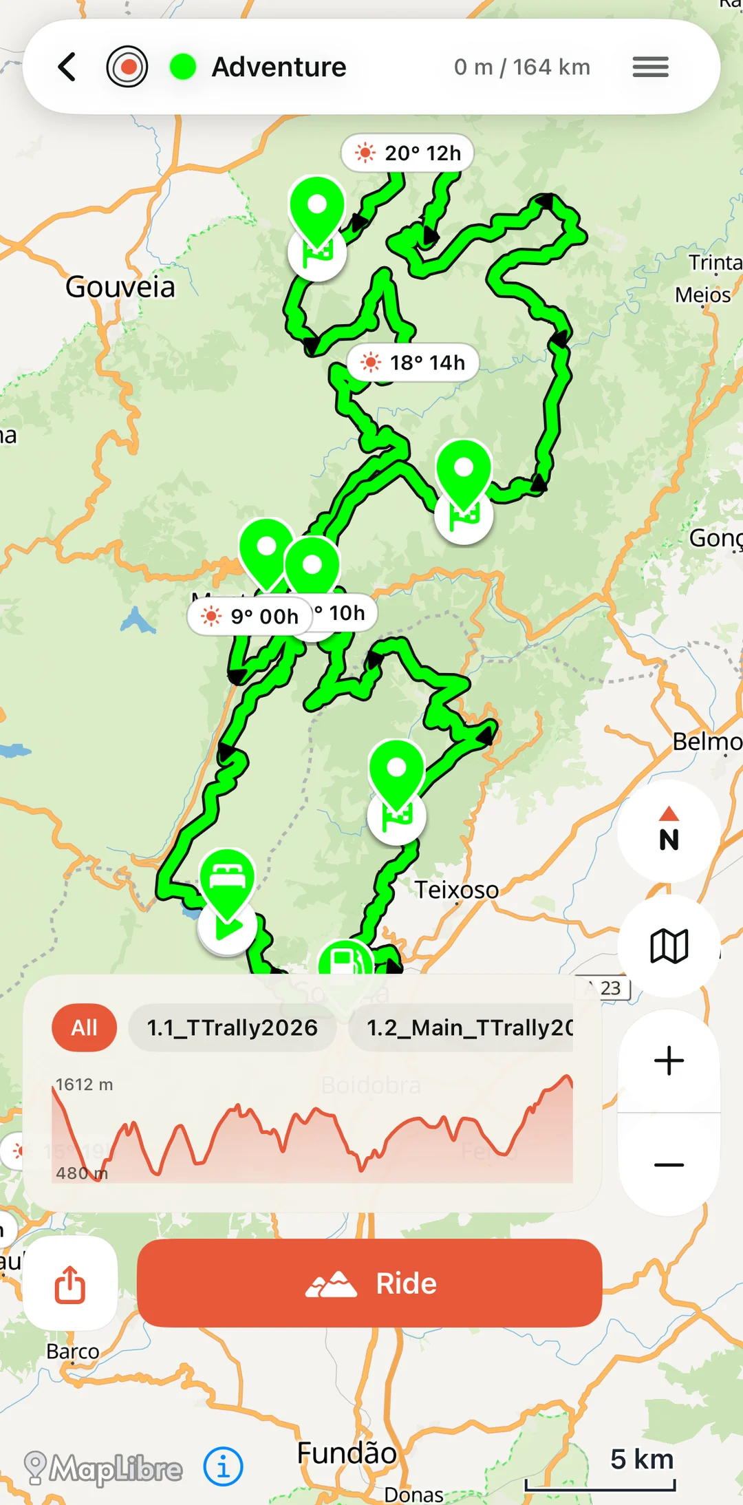 OffTrail map showing the selected sections of a multi-section GPX
