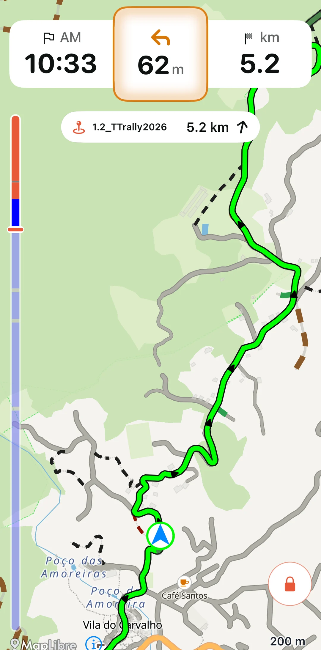 OffTrail Ride screen with the GPS position on a selected route section