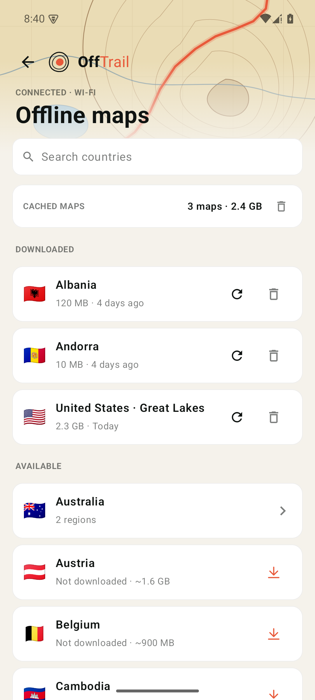 Offline maps screen